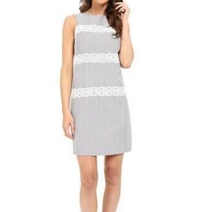 Grey and White Stripes Shift Dress with Lace